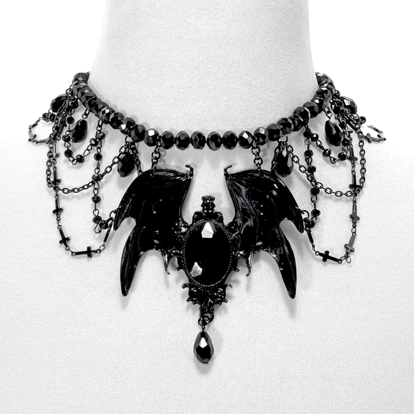 Black and Beaded Gothic Necklace with Large Wings Pendant