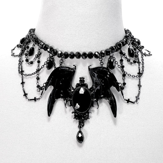 Black and Beaded Gothic Necklace with Large Wings Pendant