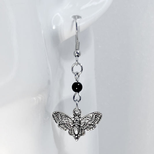 Small Silver Death Head Moth and Bead Earrings