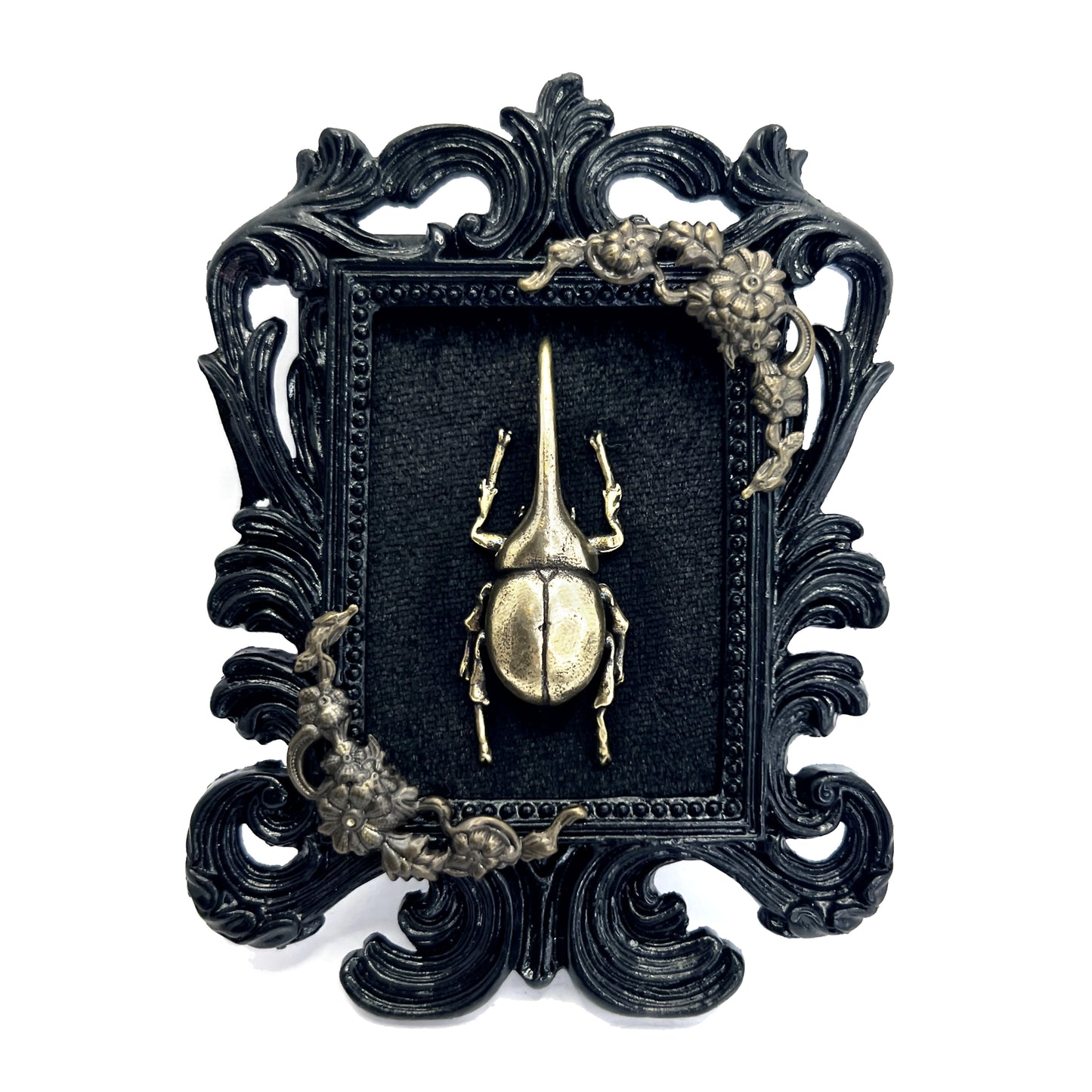 Small Black Resin Square Frame with Brass Beetle on Black Velvet Gothic Home Deco