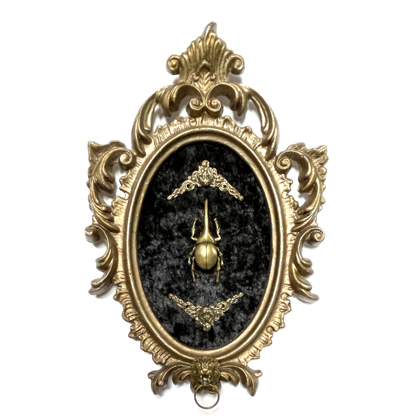Brass Beetle on Black Velvet Antique Framed Gothic Home Deco