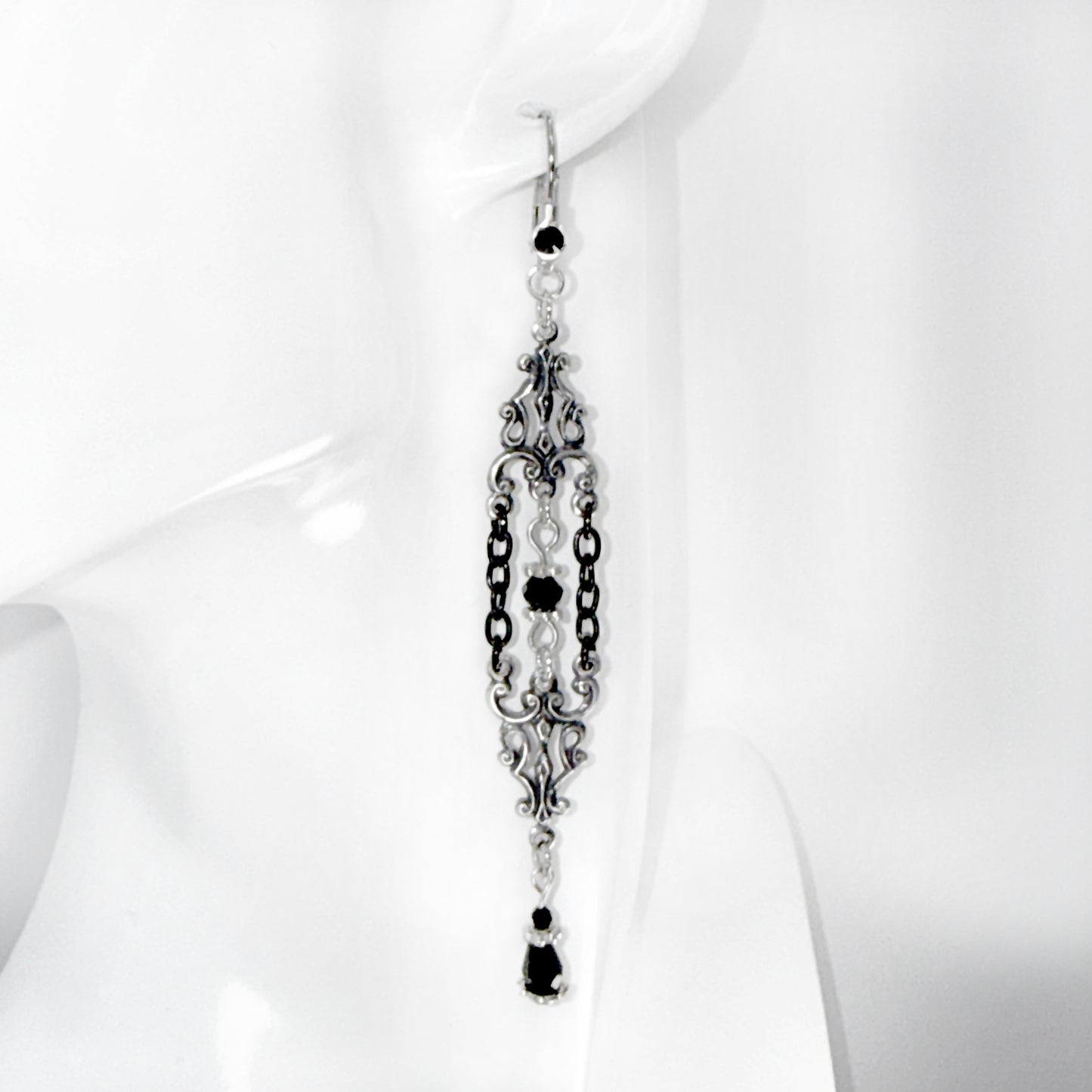 Silver Plated Nouveau Ornament and Black Bead Earrings