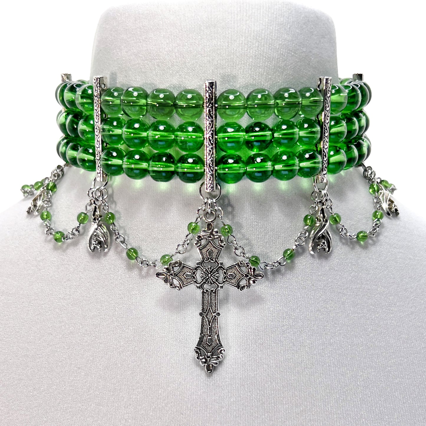 Green Beaded Gothic Choker Necklace with Crosses and Bats