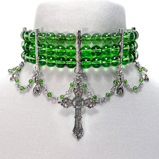 Green Beaded Gothic Choker Necklace with Crosses and Bats