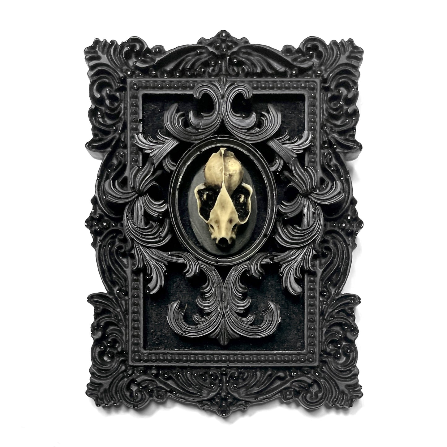 Black Resin Frame and Antiqued Bat Skull Gothic Home Deco
