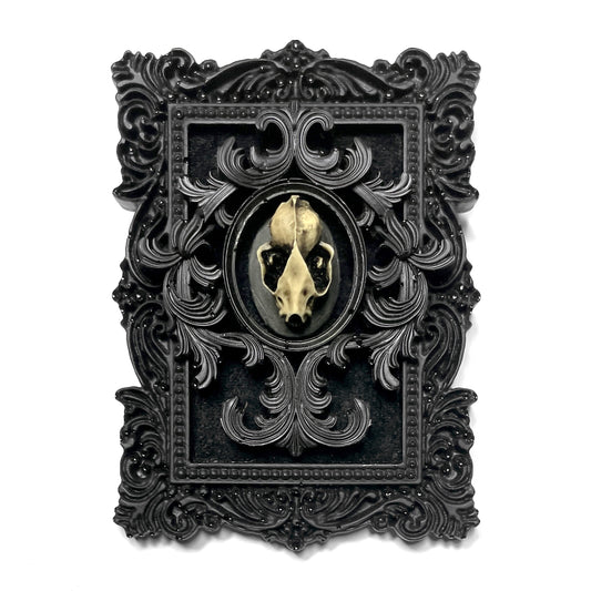 Black Resin Frame and Antiqued Bat Skull Gothic Home Deco