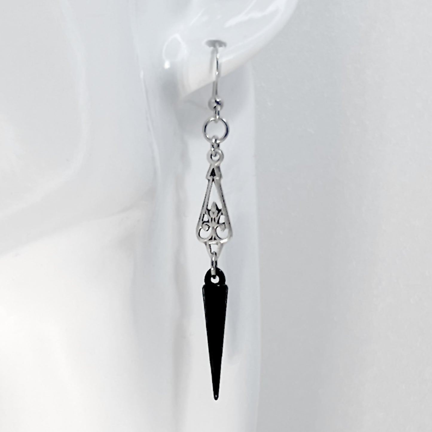 Silver Art Deco Ornament and Black Spike Earrings