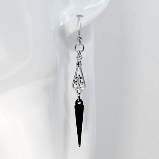 Silver Art Deco Ornament and Black Spike Earrings