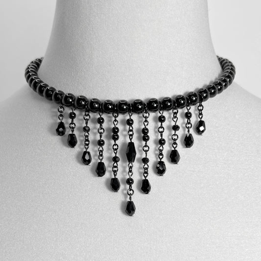Black Glass Bead Fringe Gothic Choker Necklace