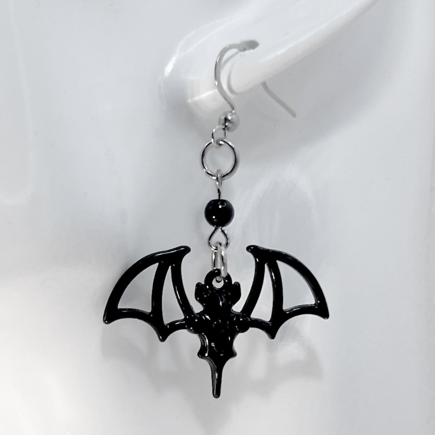 Black Flying Bat and Black Bead Earrings