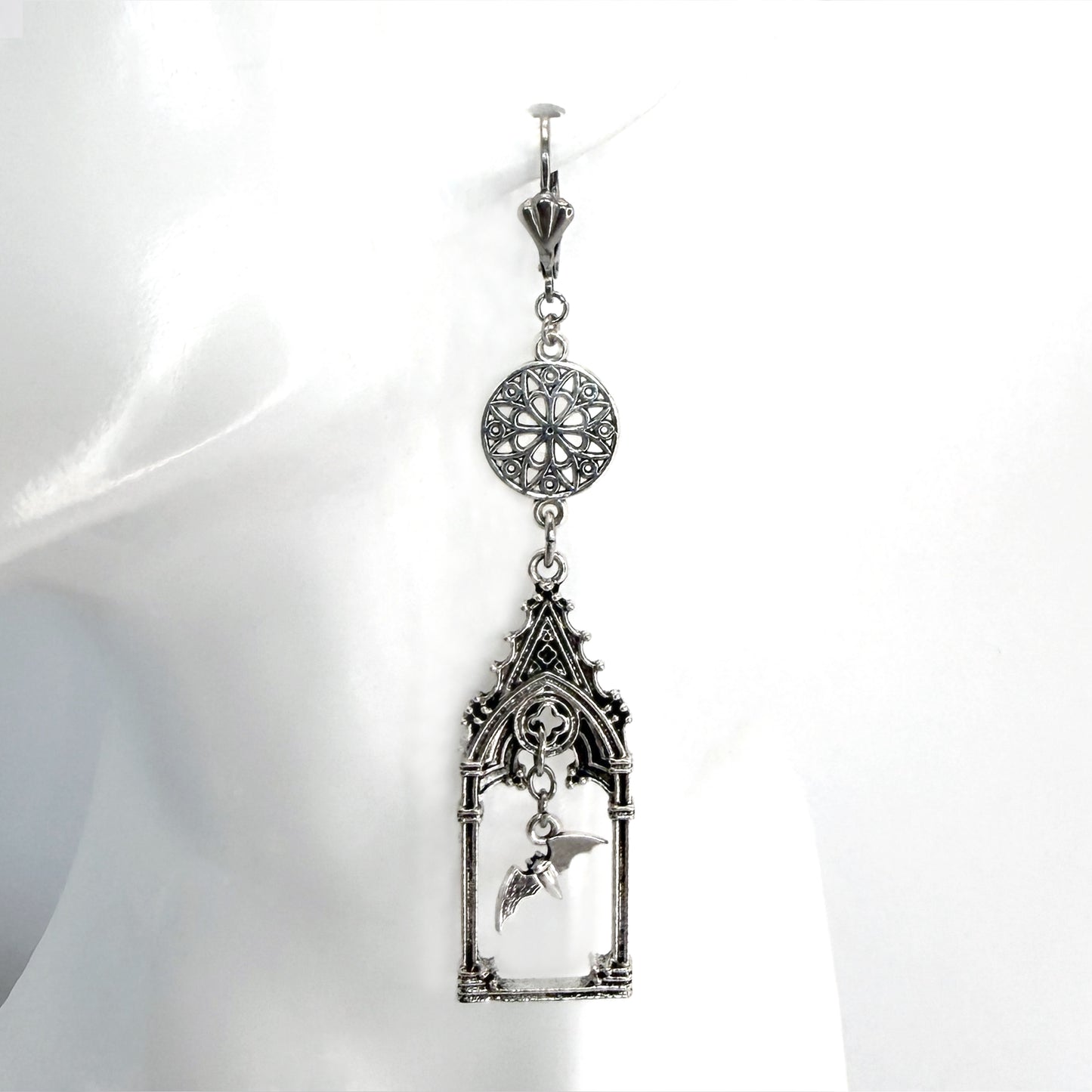 Gothic Cathedral and Flying Bat Earrings
