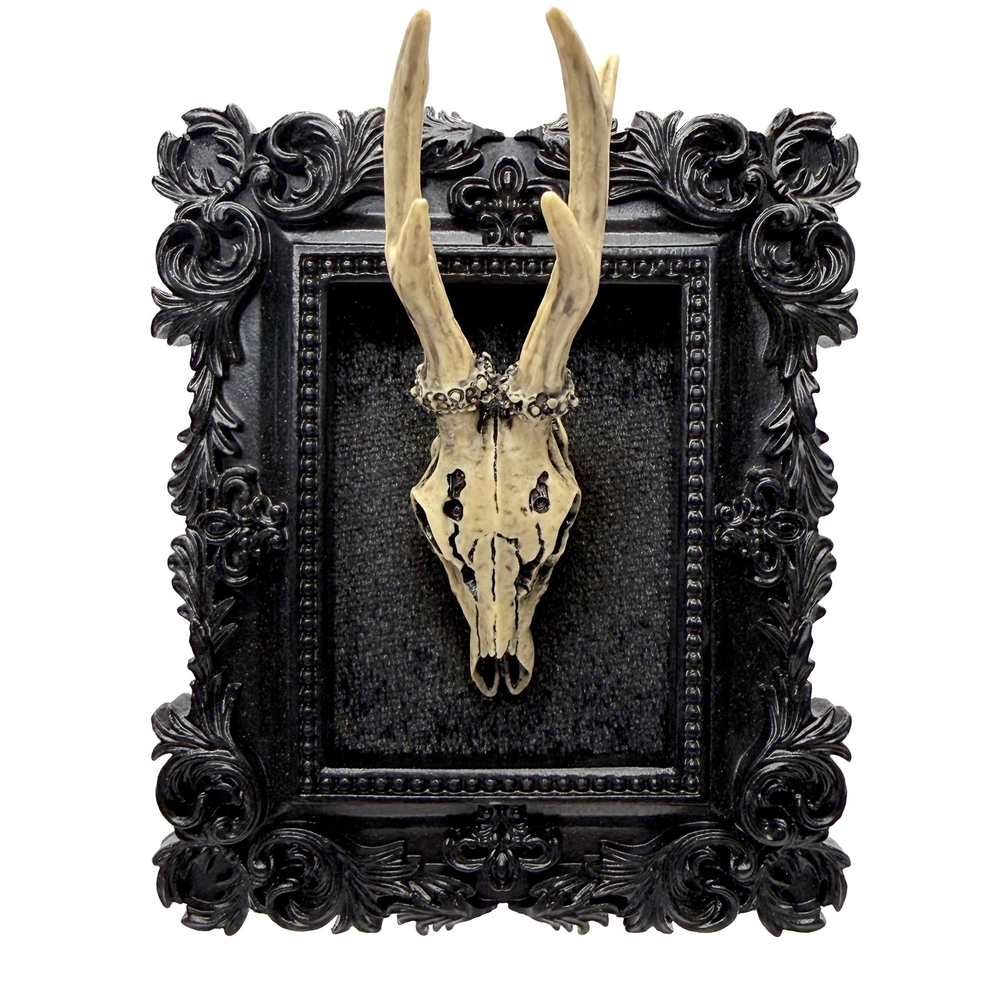 Small Black Frame with Antiqued Resin Deer Skull on Black Velvet Gothic Home Deco