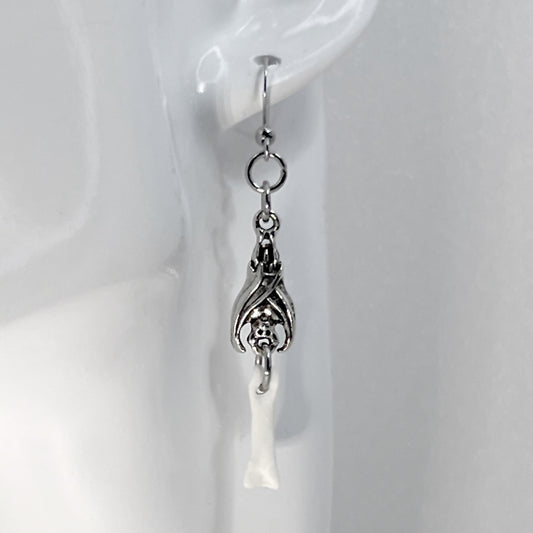 Silver Hanging Bat and Bone Earrings