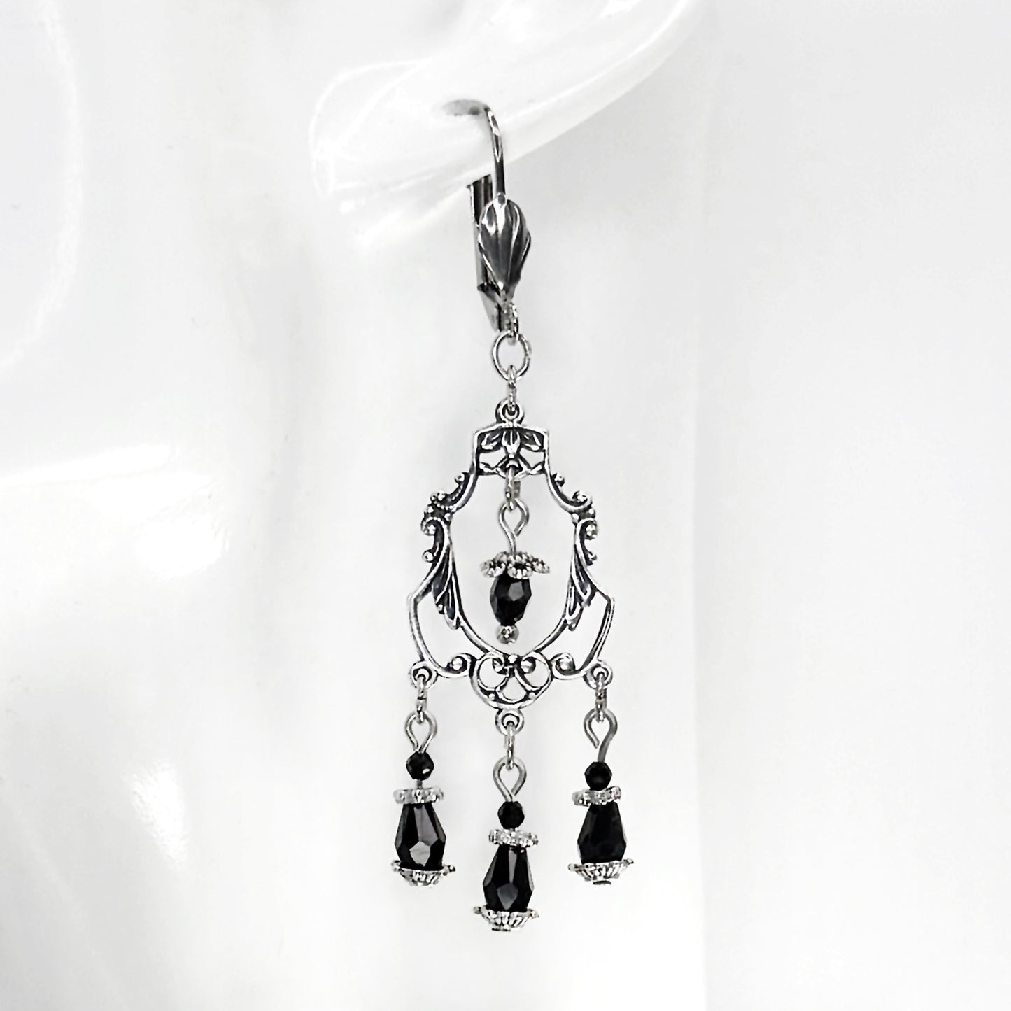 Silver Plated Ornate Ornament and Black Bead Earrings