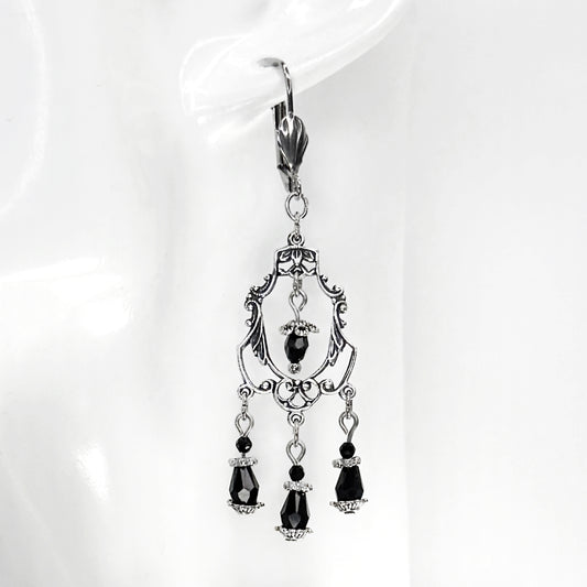 Silver Plated Ornate Ornament and Black Bead Earrings