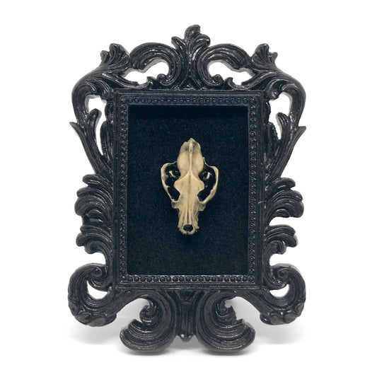 Small Black Resin Square Frame with Resin Wolf Skull on Black Velvet Gothic Home Deco