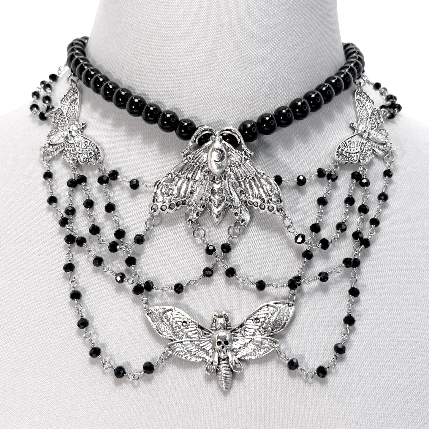 Silver and Black Beaded Gothic Choker Necklace with Silver Moths