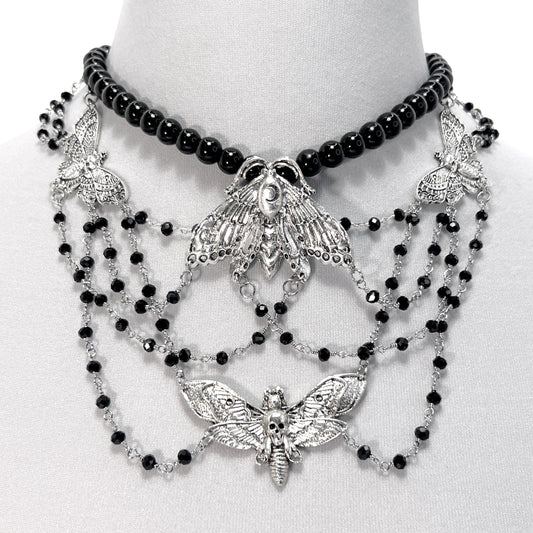 Silver and Black Beaded Gothic Choker Necklace with Silver Moths