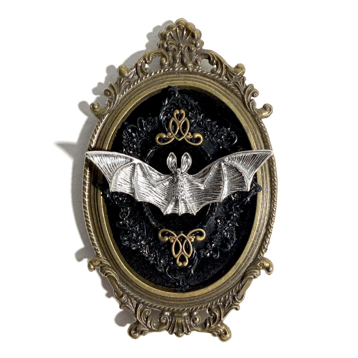 Large Silver Bat on Black Velvet Antique Framed Home Deco