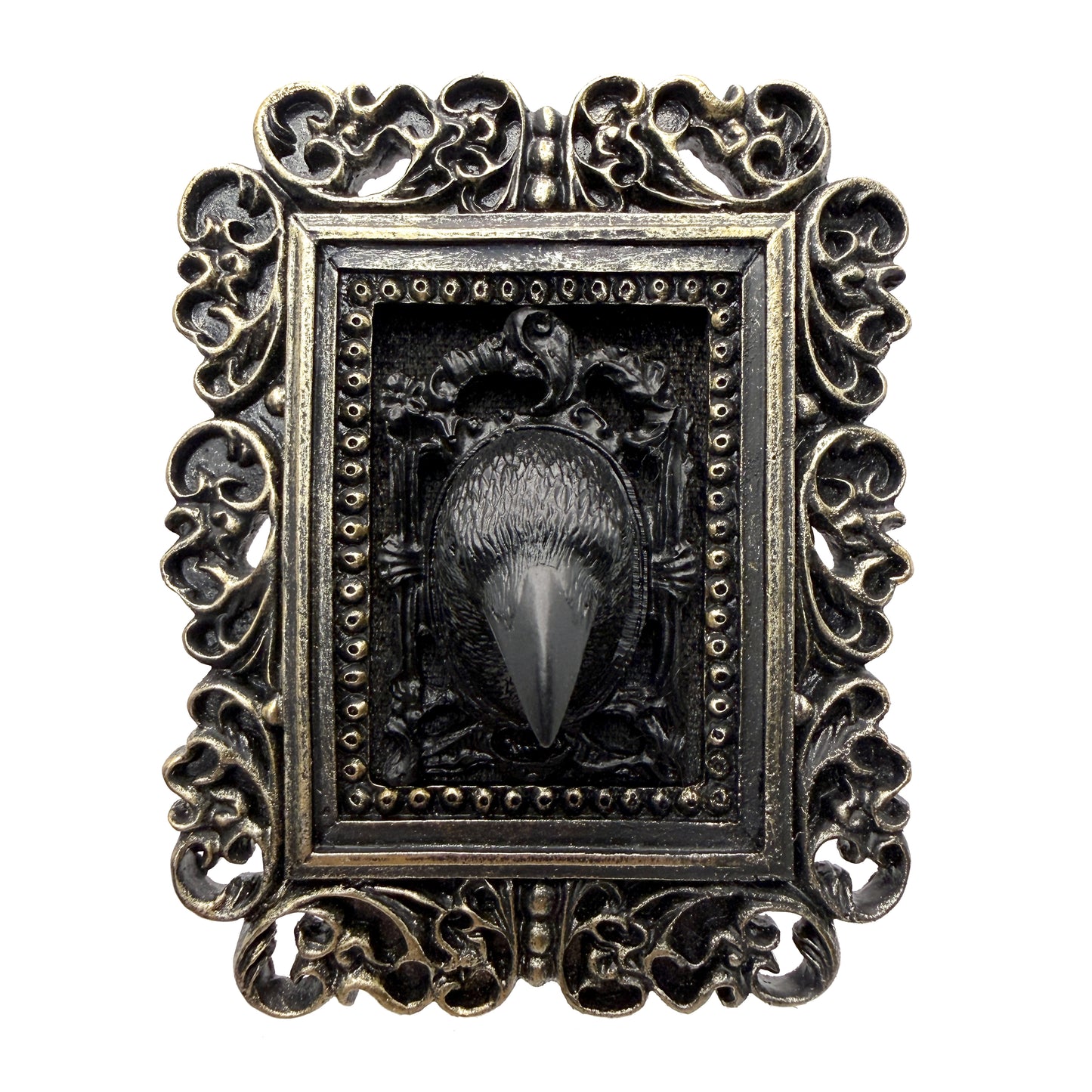 Small Black Gilded Frame with Black Resin Crow Head on Black Velvet Gothic Home Deco