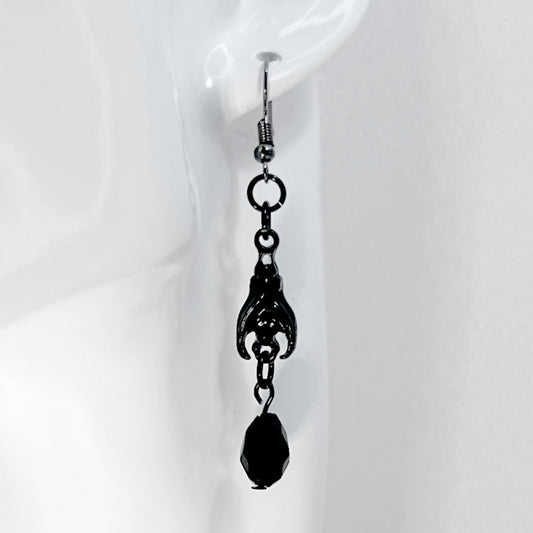 Black Hanging Bat and Teardrop Black Bead Earrings