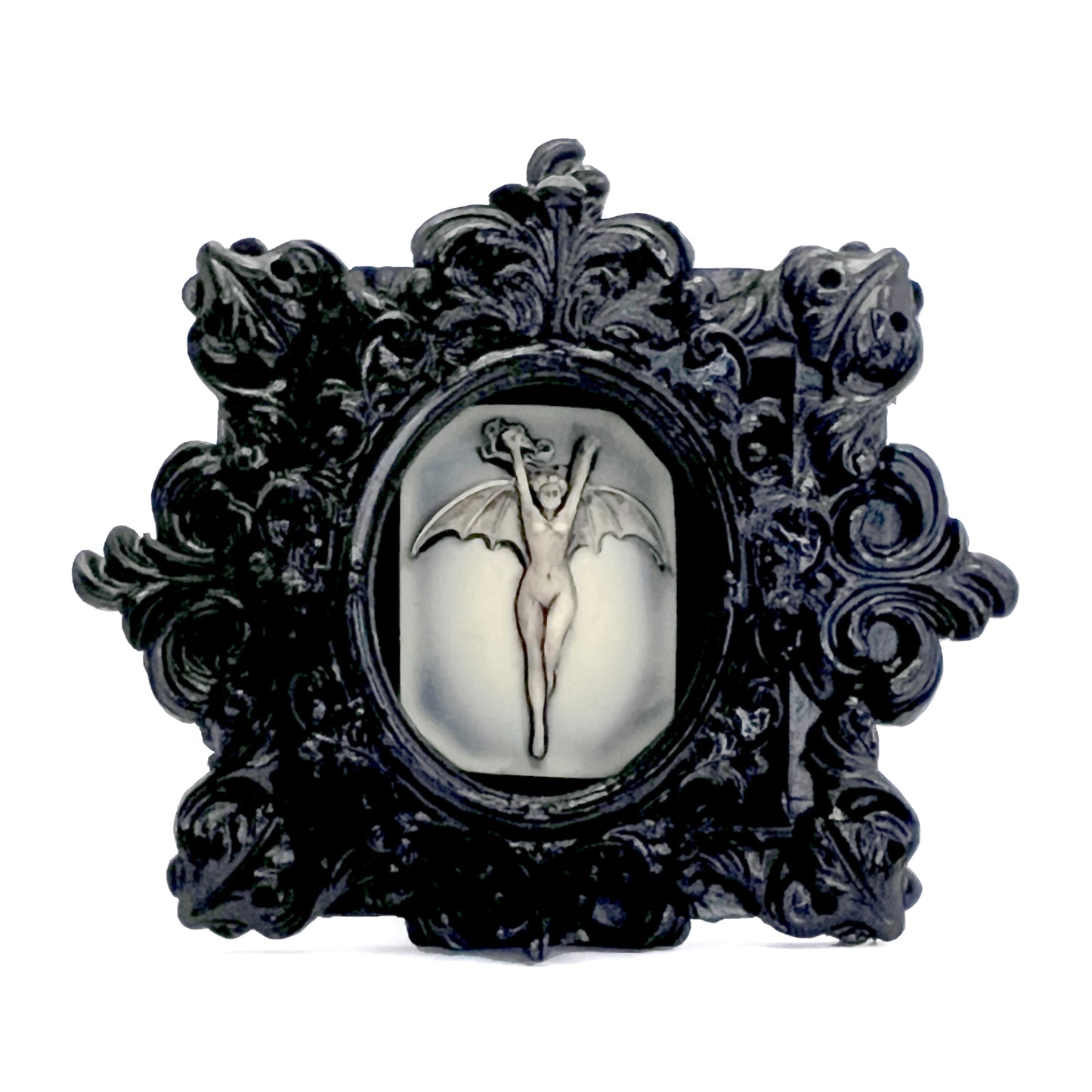 Small Black Resin Frame with Bat Woman on Black Velvet Gothic Home Deco