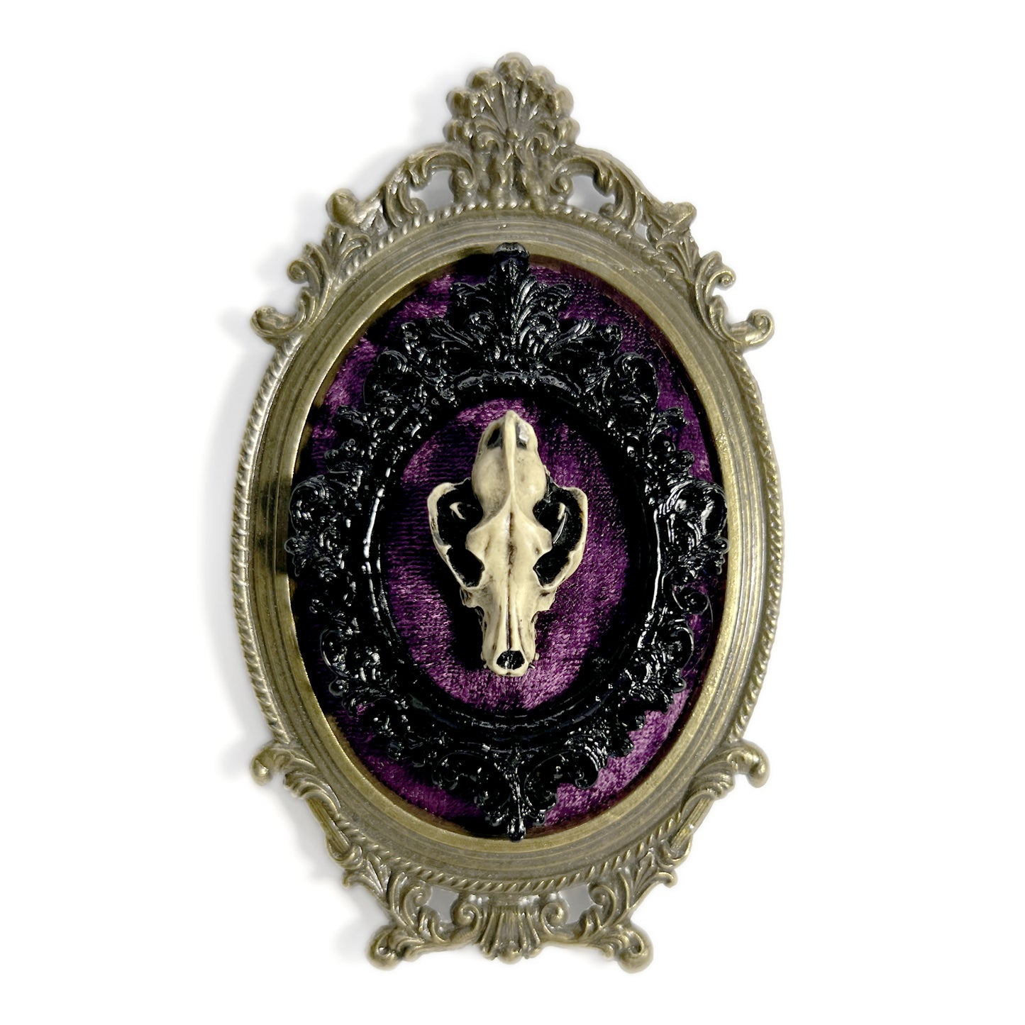Resin Wolf Skull on Plum Velvet Antique Framed Home Deco