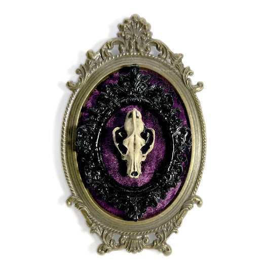 Resin Wolf Skull on Plum Velvet Antique Framed Home Deco