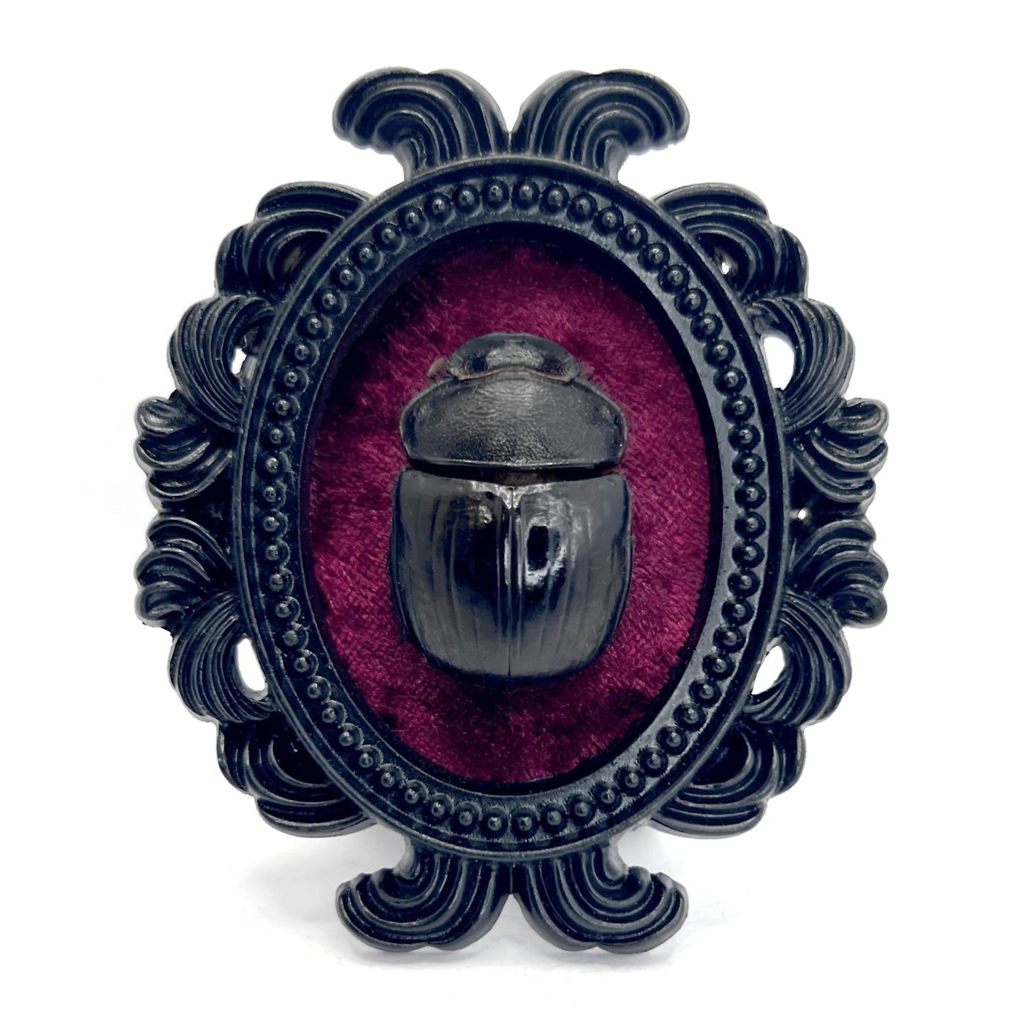 Small Black Resin Oval Frame with Large Beetle on Burgundy Velvet Gothic Home Deco