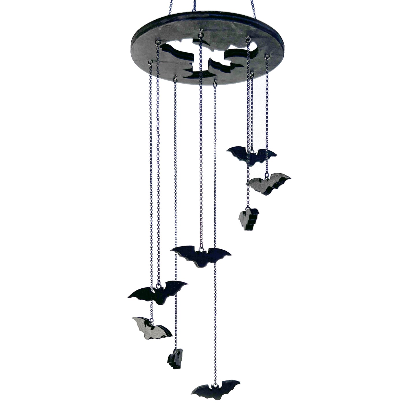 Small Black Stained Wood Bat Mobile with 8 Flying Bats