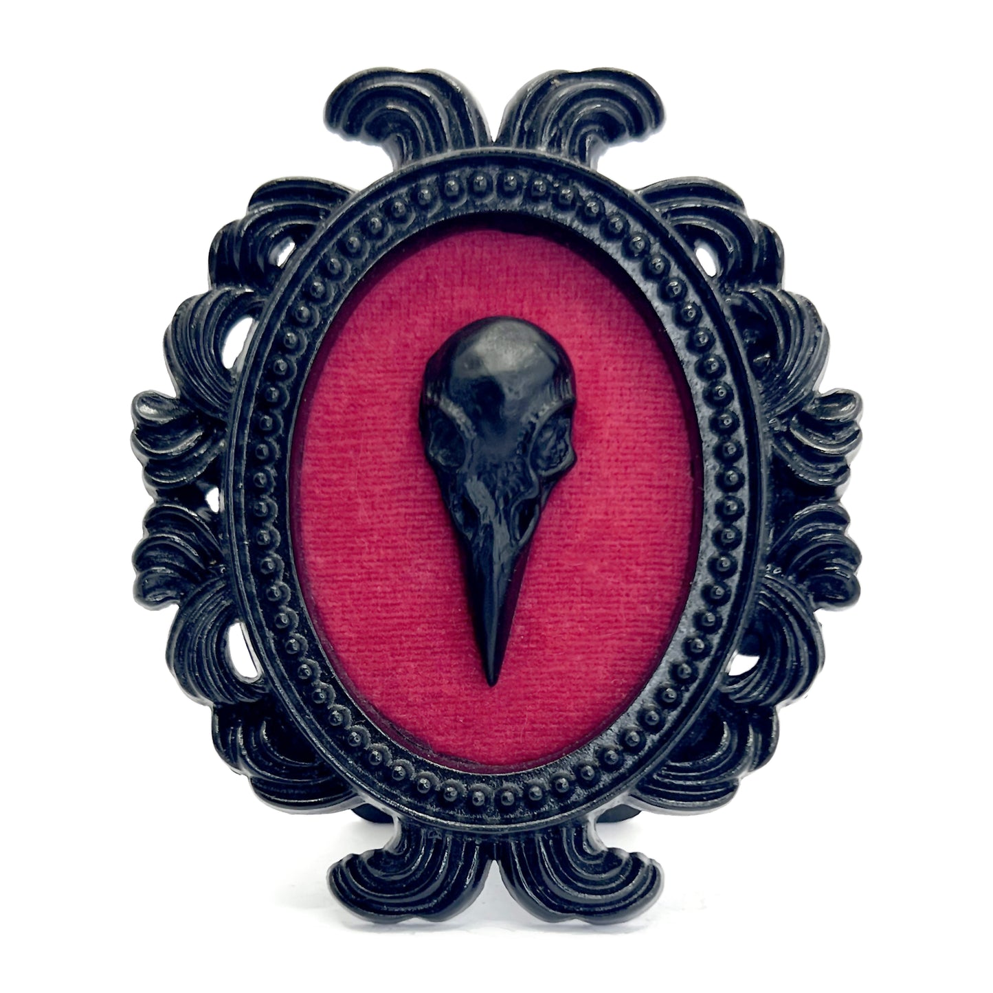 Small Black Oval Frame with Bird Skull on Red Velvet Gothic Home Deco