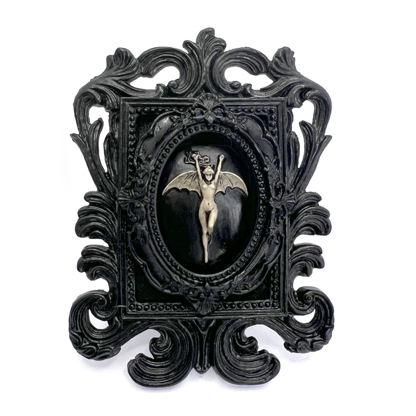 Small Black Resin Square Frame with Bat Woman on Black Velvet Gothic Home Deco