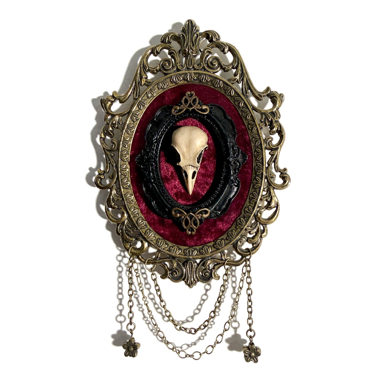 Resin Bird Skull on Burgundy Velvet Antique Framed Home Deco (Copy)