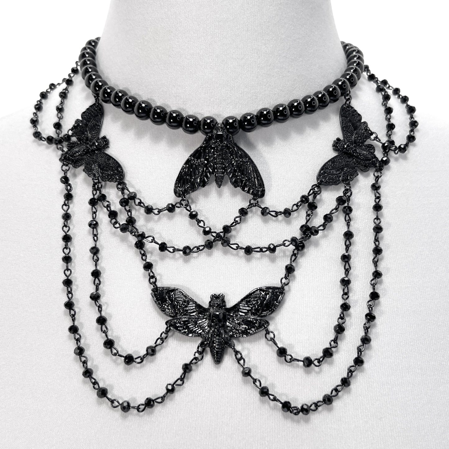 Black Beaded Gothic Choker Necklace with Black Moths