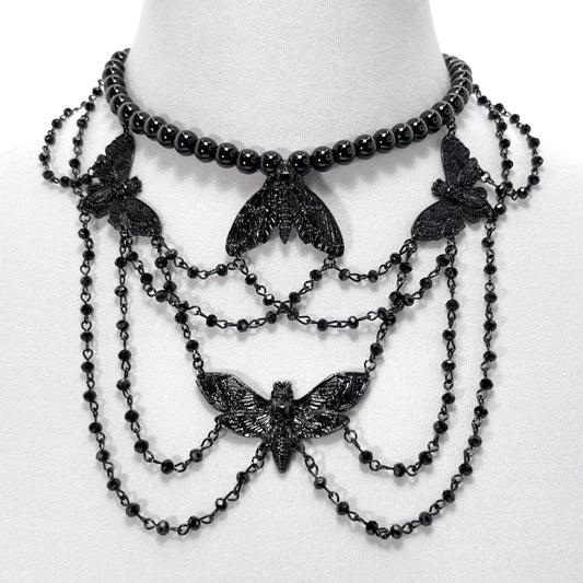 Black Beaded Gothic Choker Necklace with Black Moths