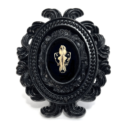 Small Black Resin Oval Frame with Resin Wolf Skull on Black Velvet Gothic Home Deco