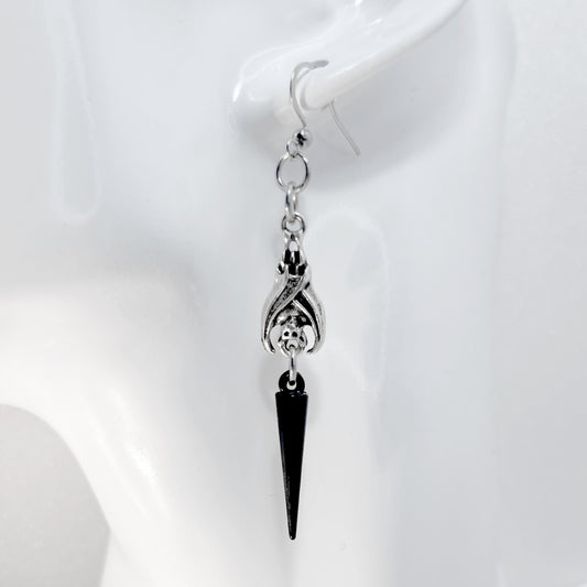 Silver Hanging Bat with Black Spike Earrings