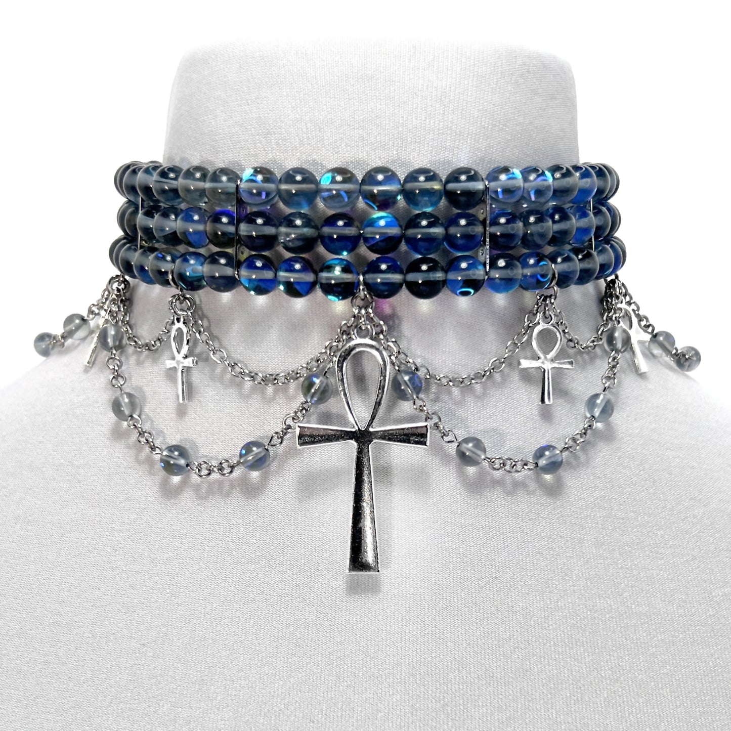 Dark Rainbow Beaded Gothic Choker Necklace with Ankhs