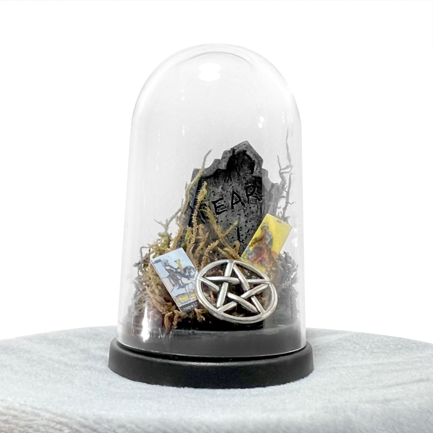 Gravestone with Tarot Cards and Pentacle Bell Jar