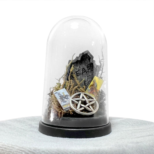 Gravestone with Tarot Cards and Pentacle Bell Jar