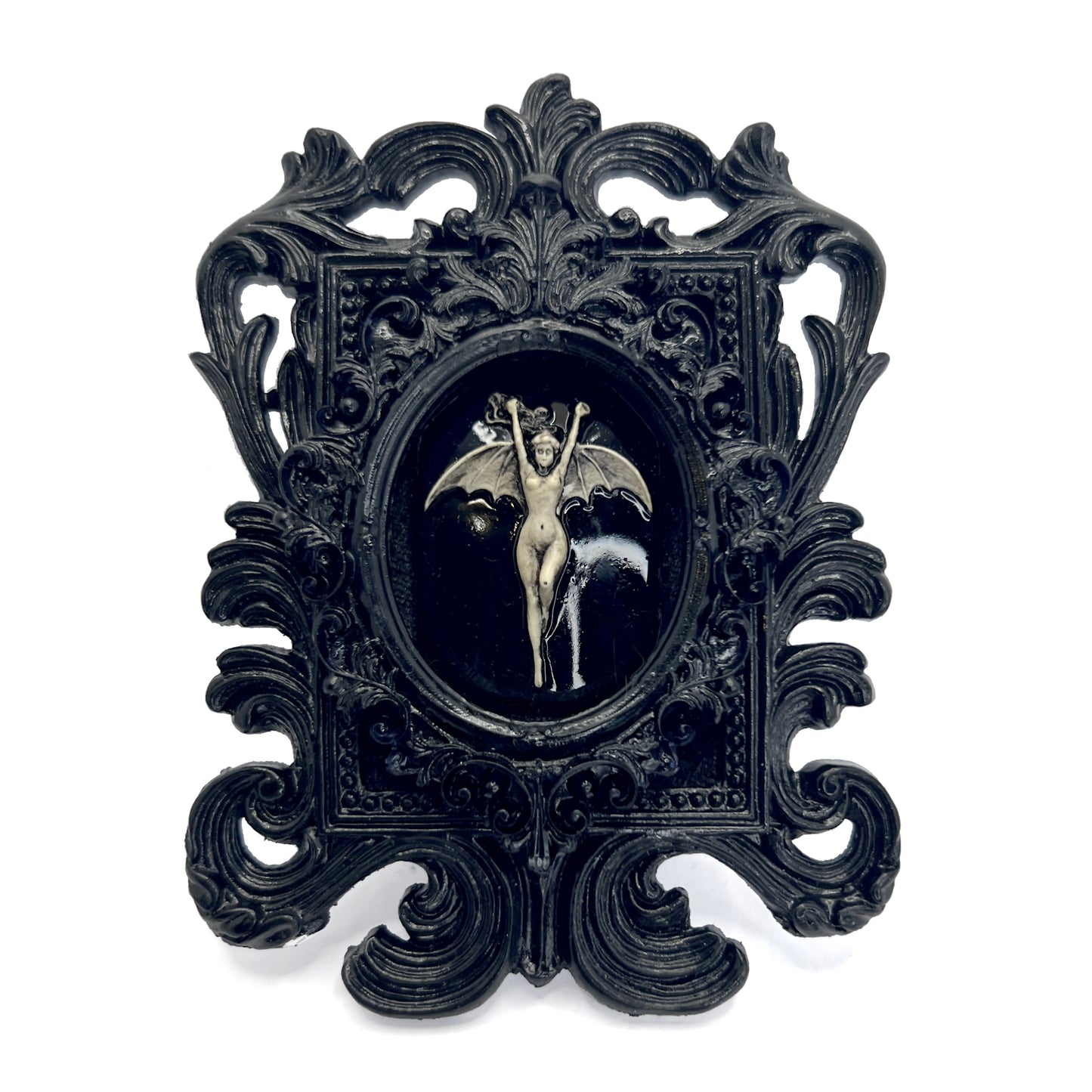 Small Black Resin Square Frame with Bat Woman on Black Velvet Gothic Home Deco