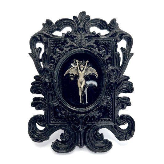Small Black Resin Square Frame with Bat Woman on Black Velvet Gothic Home Deco