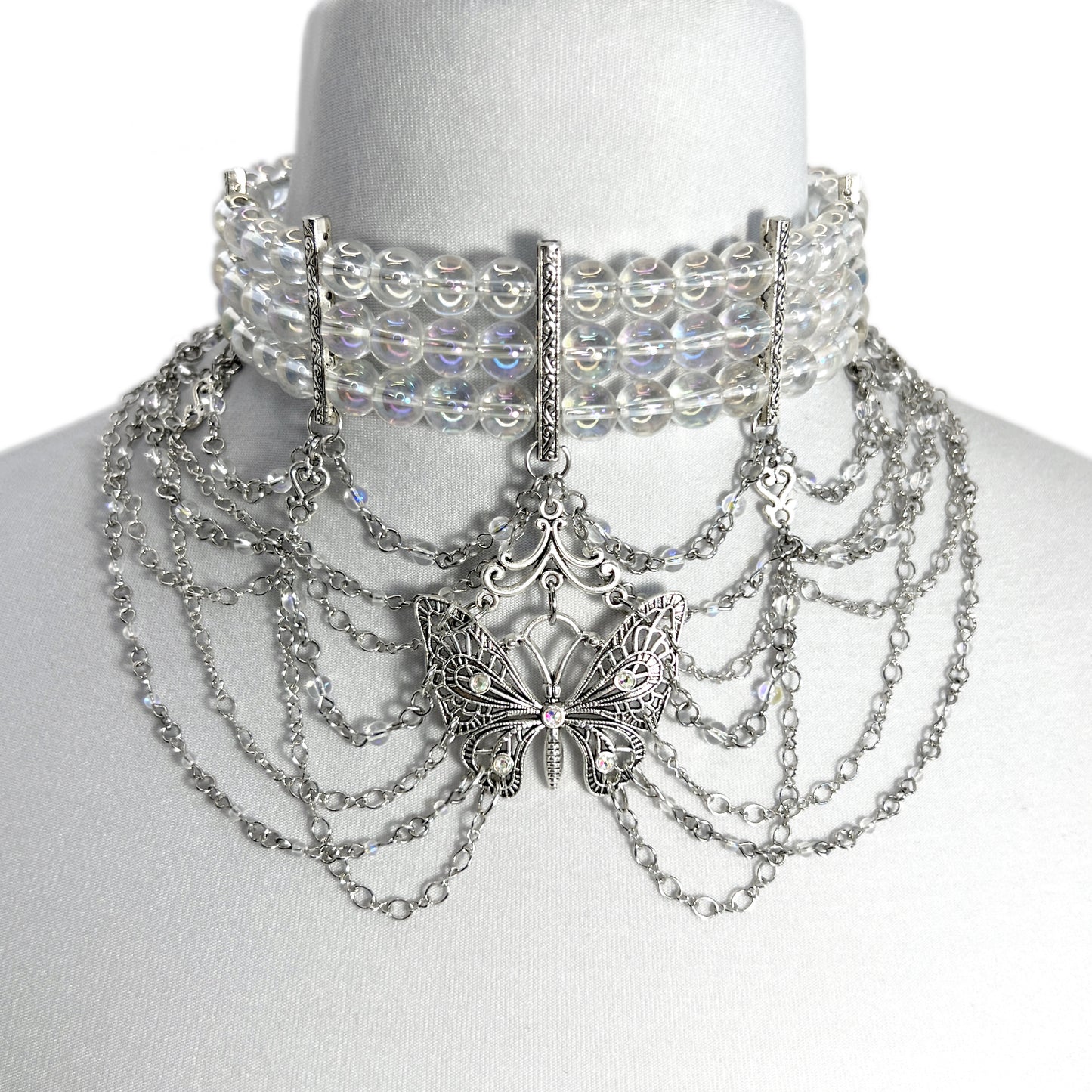 Iridescent Bead and Butterfly Choker Necklace