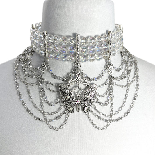 Iridescent Bead and Butterfly Choker Necklace