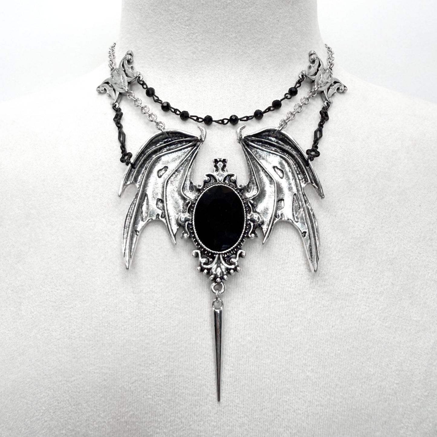 Triple Wings Gothic Black and Silver Necklace