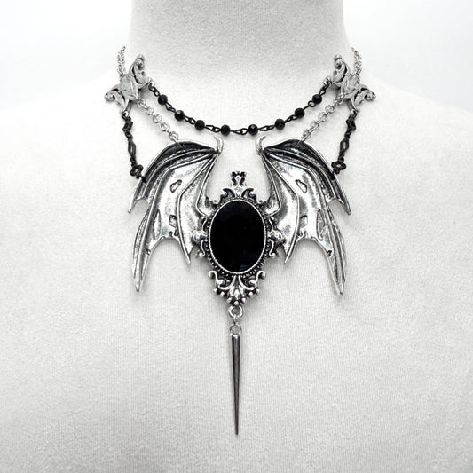 Triple Wings Gothic Black and Silver Necklace