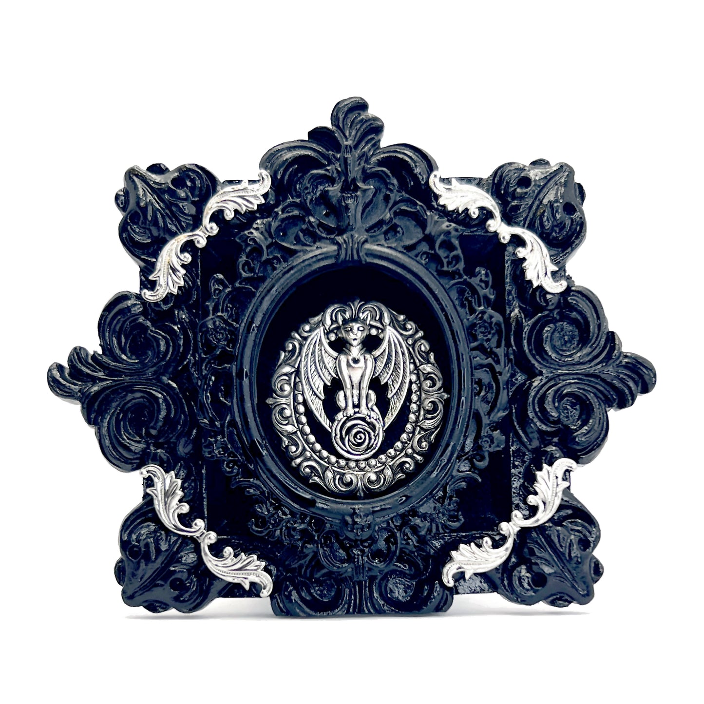 Small Black Resin Frame with Bat Cat on Black Velvet Gothic Home Deco