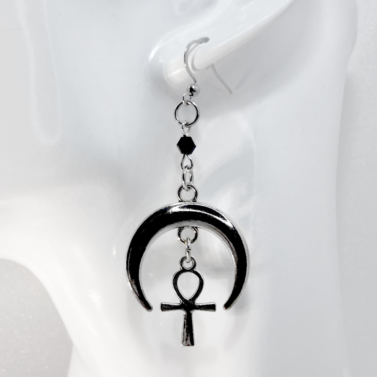 Silver Moon and Ankh Earrings