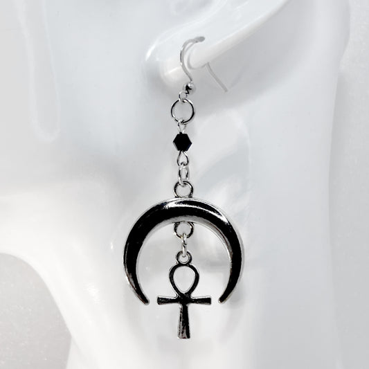 Silver Moon and Ankh Earrings