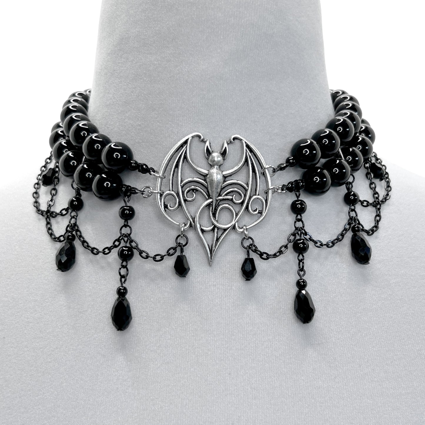 Large SIlver Bat and Black Glass Bead Necklace